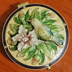 Vintage Enamel Jeweled Bird Jewelry Box Dresser Vanity Trinket 3-D Floral Mirror
